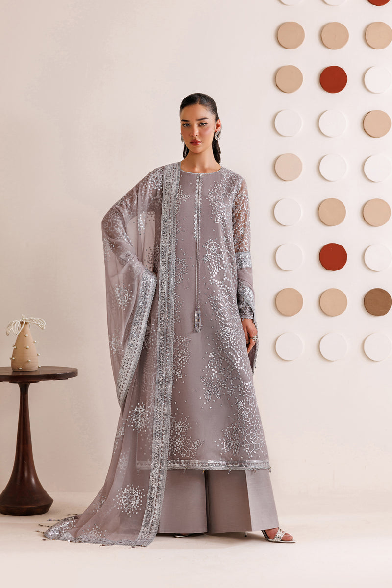 Farasha Luxury Formal Embroidered Chiffon Unstitched 3Pc Suit - Walnut Silk