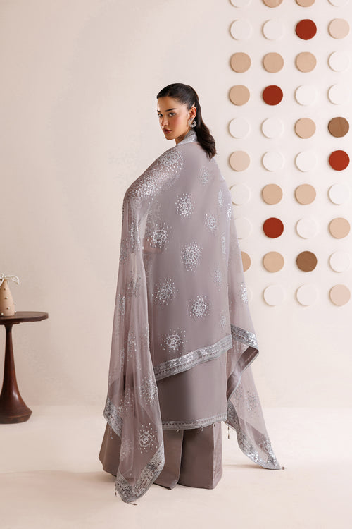 Farasha Luxury Formal Embroidered Chiffon Unstitched 3Pc Suit - Walnut Silk