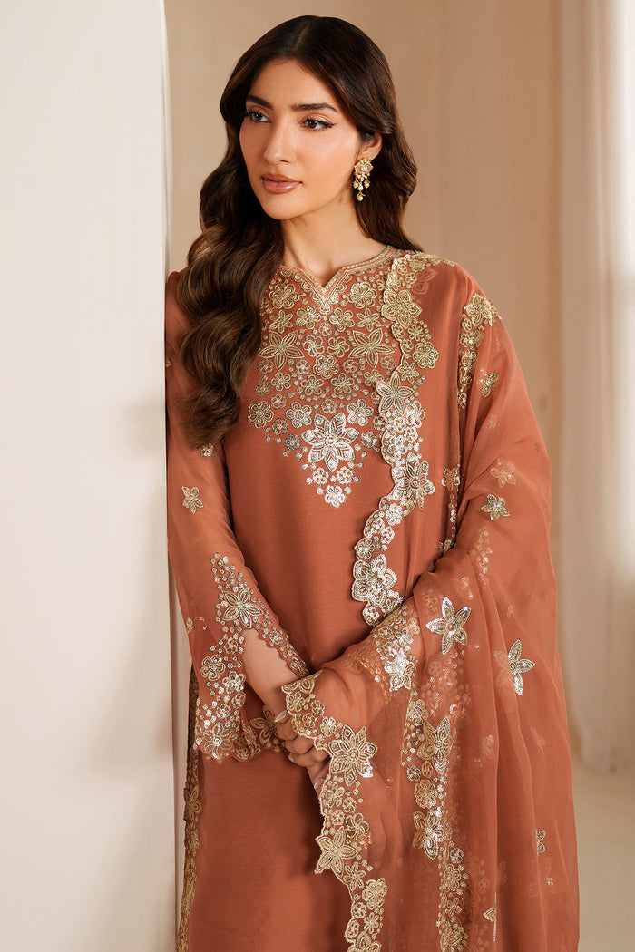 Farasha Luxury Embroidered Chiffon Unstitched 3Pc Suit - Warm Saffron