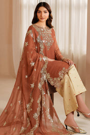 Farasha Luxury Embroidered Chiffon Unstitched 3Pc Suit - Warm Saffron