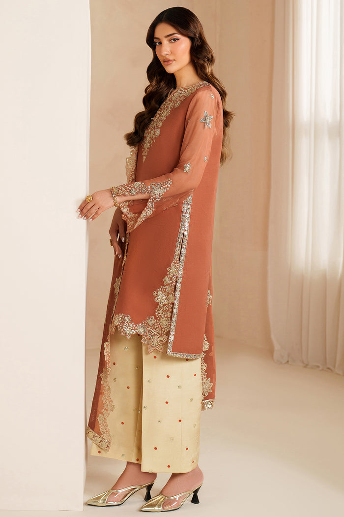 Farasha Luxury Embroidered Chiffon Unstitched 3Pc Suit - Warm Saffron