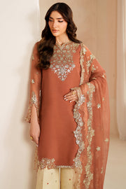 Farasha Luxury Embroidered Chiffon Unstitched 3Pc Suit - Warm Saffron