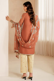 Farasha Luxury Embroidered Chiffon Unstitched 3Pc Suit - Warm Saffron