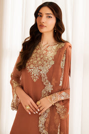 Farasha Luxury Embroidered Chiffon Unstitched 3Pc Suit - Warm Saffron