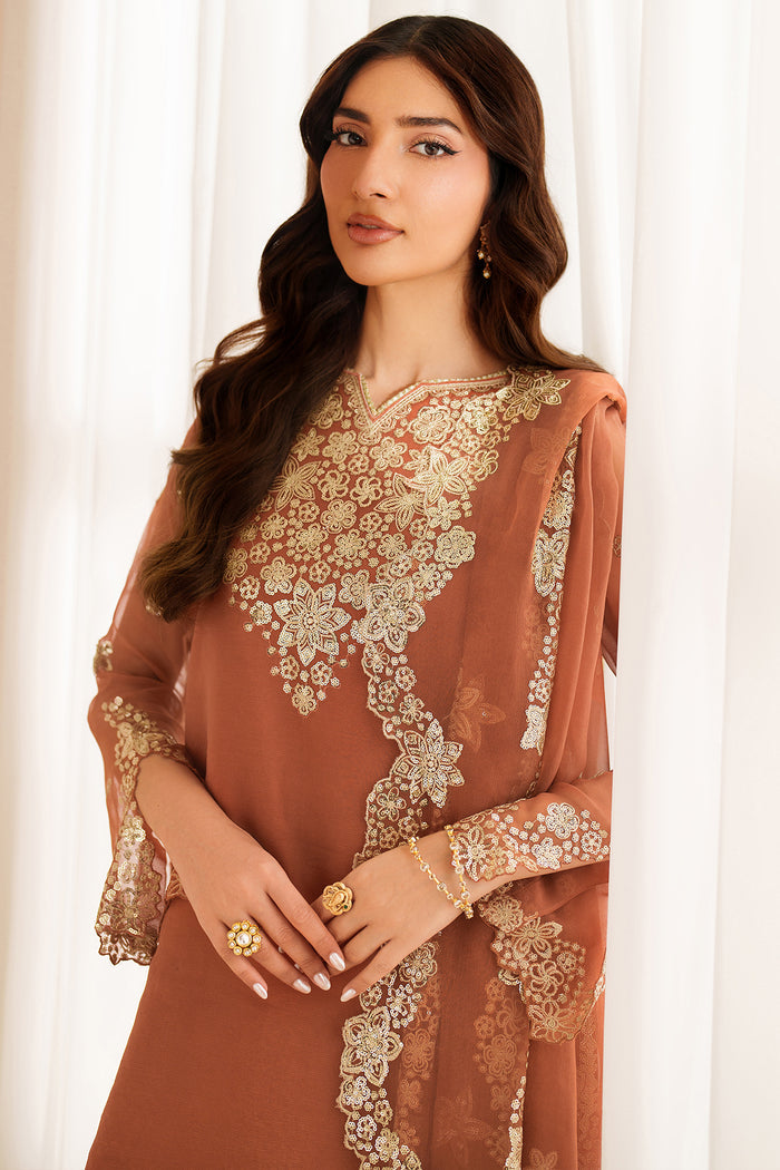 Farasha Luxury Embroidered Chiffon Unstitched 3Pc Suit - Warm Saffron