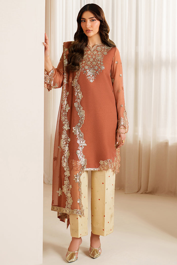 Farasha Luxury Embroidered Chiffon Unstitched 3Pc Suit - Warm Saffron