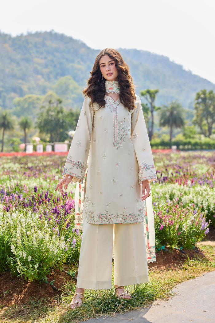 Farasha Summer Weaves Embroidered Lawn Unstitched 3Pc Suit - Whisper Ivory