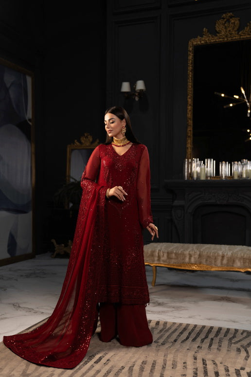SIFA Valentino Embroidered Chiffon Unstitched 3 Piece Suit - Winery