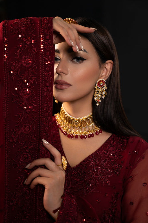 SIFA Valentino Embroidered Chiffon Unstitched 3 Piece Suit - Winery