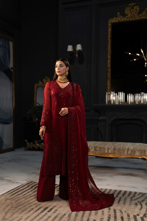SIFA Valentino Embroidered Chiffon Unstitched 3 Piece Suit - Winery