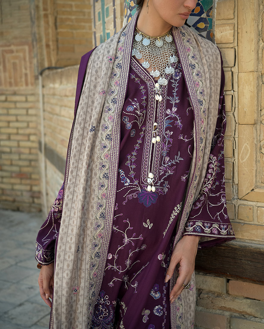 Hemline by Mushq Bukhara Embroidered Viscose Unstitched 3Pc Suit - Winter Caravan