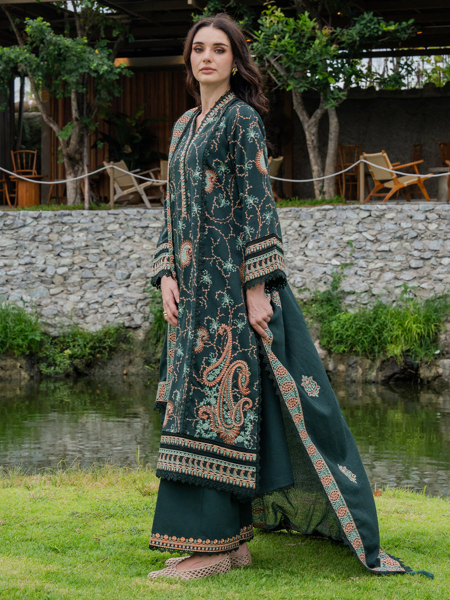 Faiza Faisal Hoor Embroidered Karandi Unstitched 3Pc Suit - ZAREYA