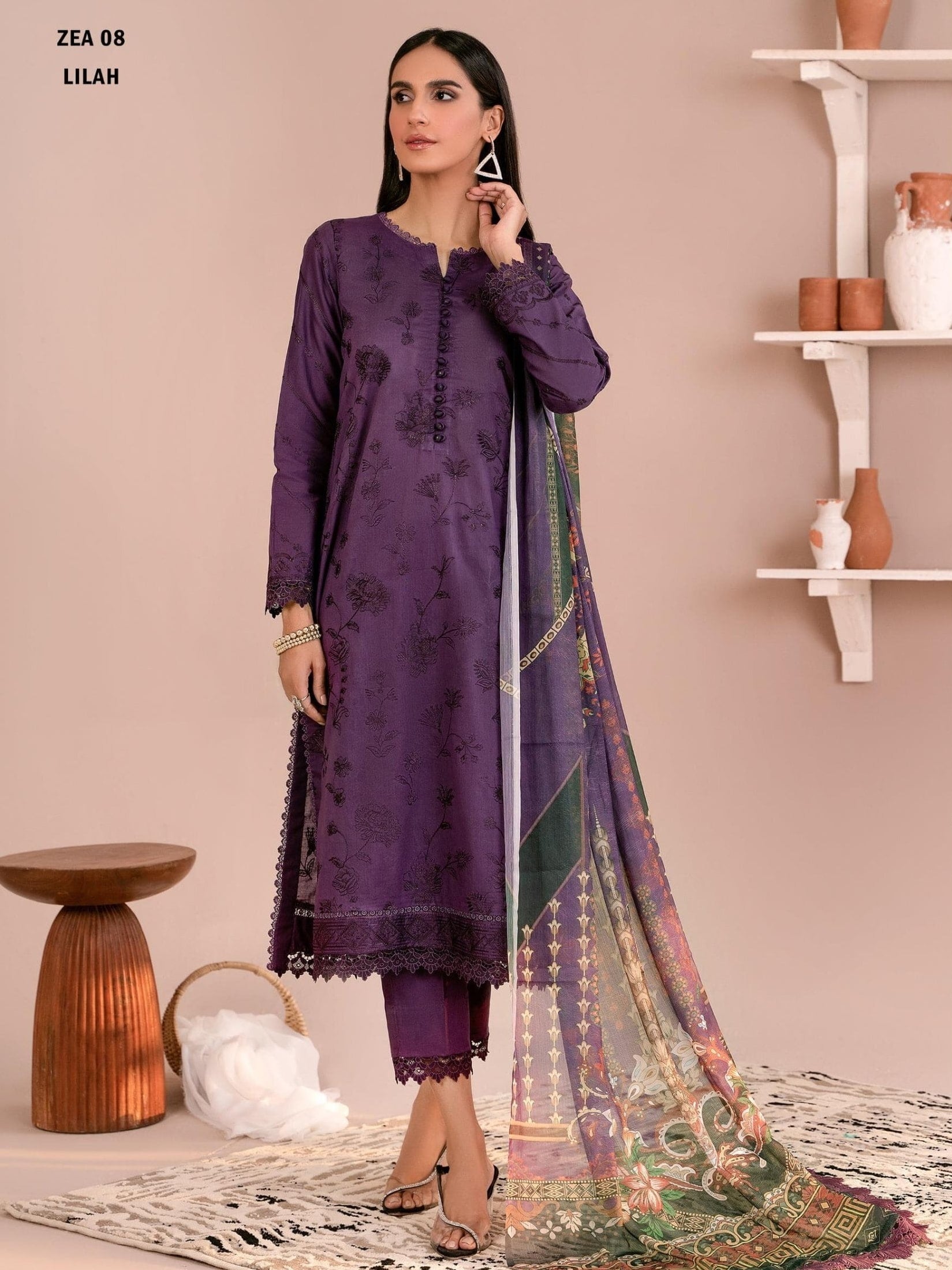 Zarif Eid ul Adha Unstitched Embroidered Lawn 3Pc Suit ZEA-08 LILAH