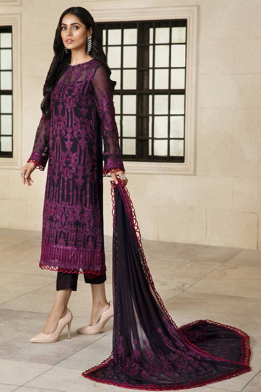 Zarif Gulzaar Luxury Embroidered Chiffon Unstitched 3Pc Suit ZFG-06 Periwinkle