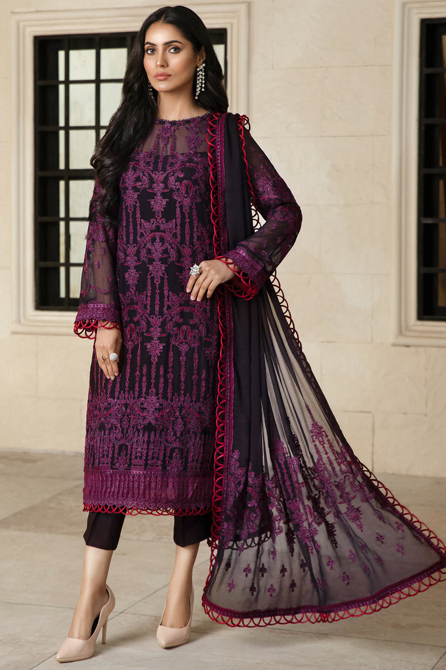 Zarif Gulzaar Luxury Embroidered Chiffon Unstitched 3Pc Suit ZFG-06 Periwinkle