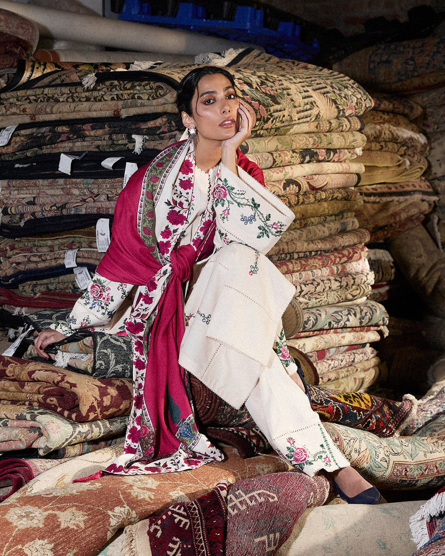 Jugnu Lahore Womenswear Embroidered Karandi Unstitched 3Pc Suit - ZURA