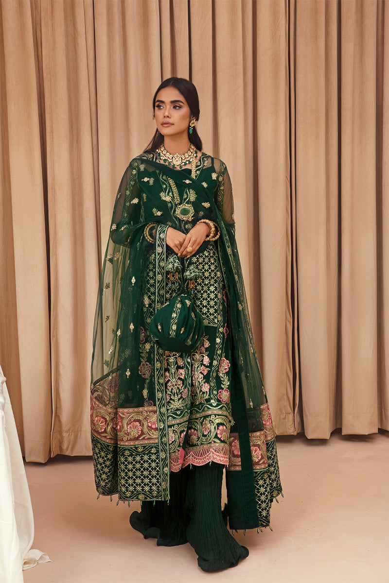 FARASHA Tabeer Embroidered Net Unstitched 3 Piece Suit - 01 Zamurd