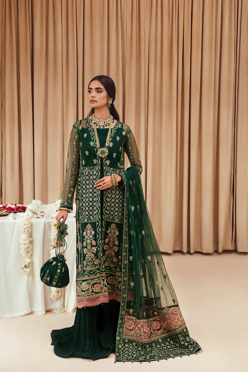 FARASHA Tabeer Embroidered Net Unstitched 3 Piece Suit - 01 Zamurd