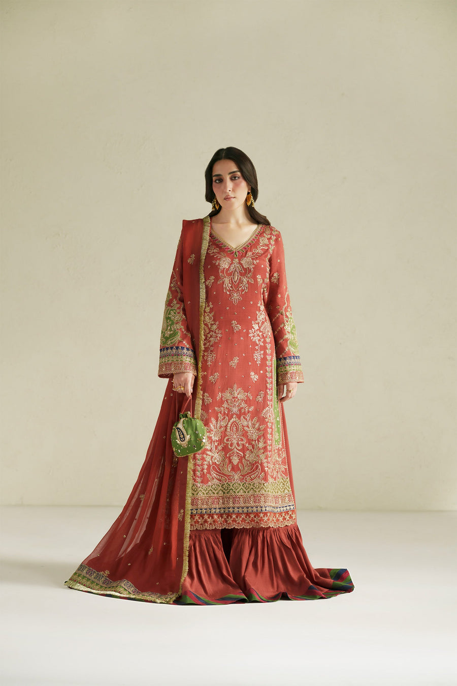 VERA Embroidered Raw Silk Unstitched 3Pc Suit - Zar Rust