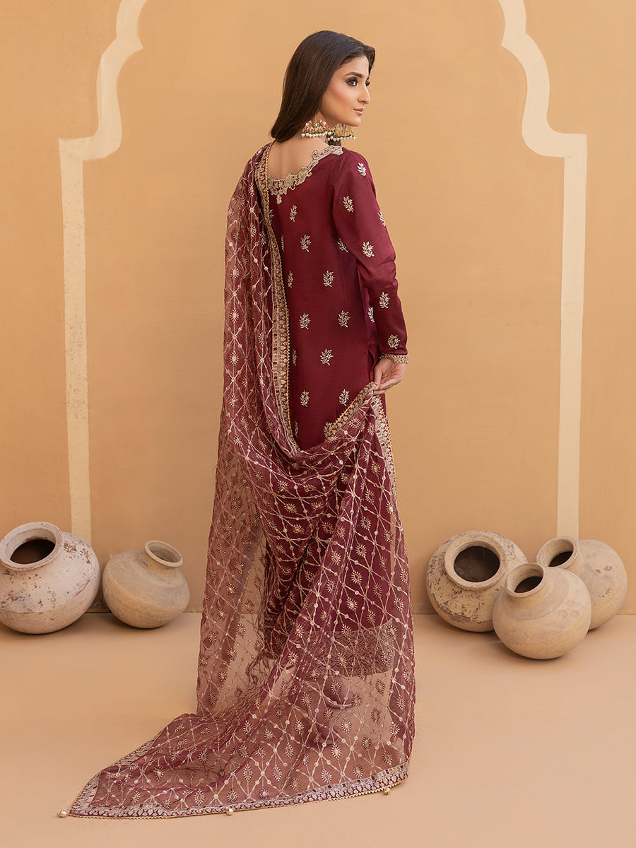 Hemstitch Embroidered Raw Silk Ready to Wear 3Pc Suit - Zurina