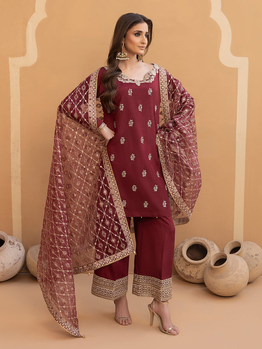 Hemstitch Embroidered Raw Silk Ready to Wear 3Pc Suit - Zurina