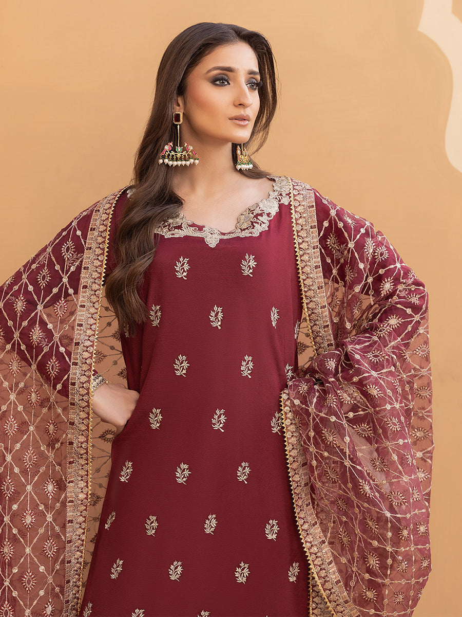 Hemstitch Embroidered Raw Silk Ready to Wear 3Pc Suit - Zurina