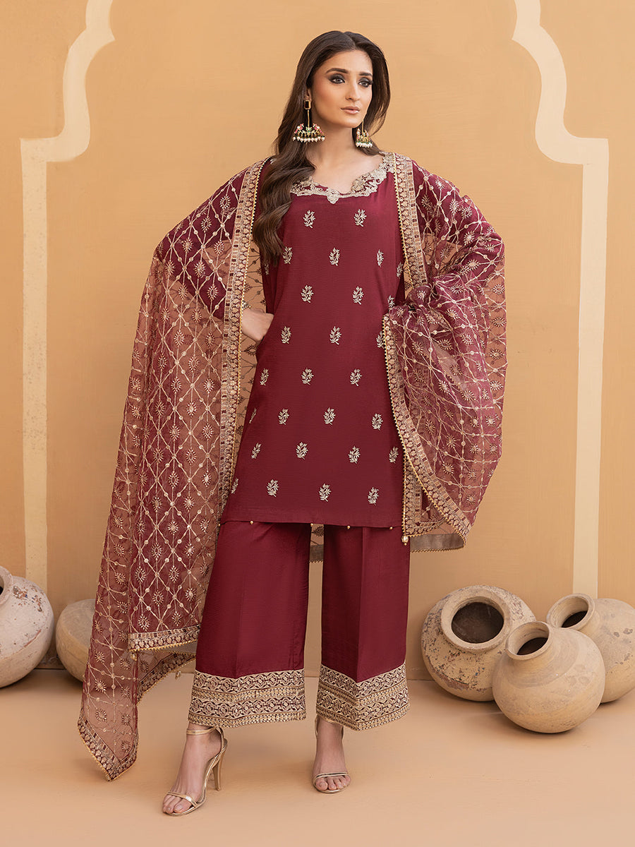 Hemstitch Embroidered Raw Silk Ready to Wear 3Pc Suit - Zurina