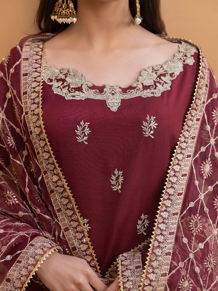 Hemstitch Embroidered Raw Silk Ready to Wear 3Pc Suit - Zurina