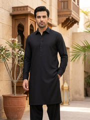 Majestic by Fabrieco Men's Unstitched Blended Suit - Black