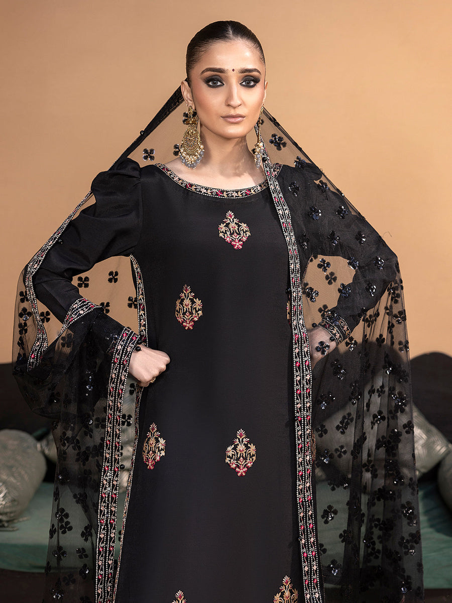 Hemstitch Embroidered Raw Silk Ready to Wear 3Pc Suit - Haya