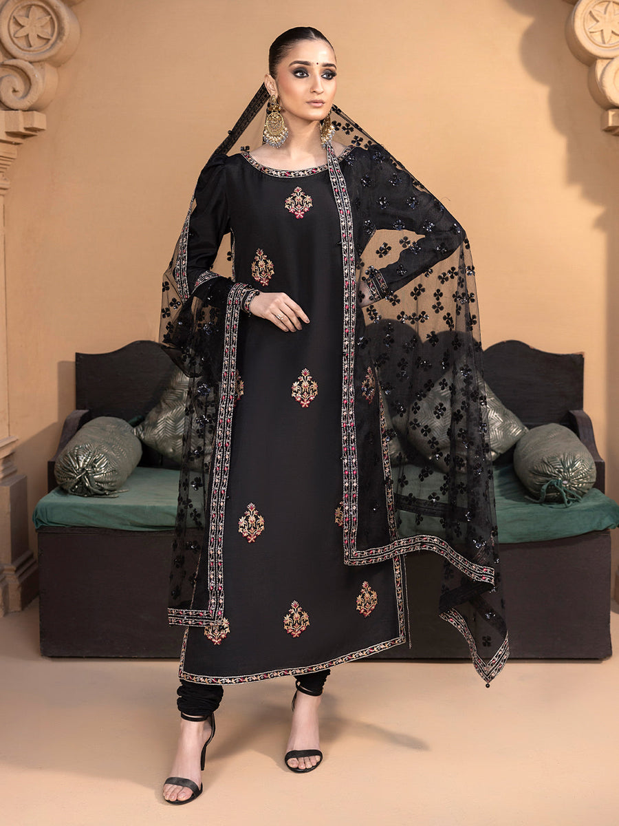 Hemstitch Embroidered Raw Silk Ready to Wear 3Pc Suit - Haya
