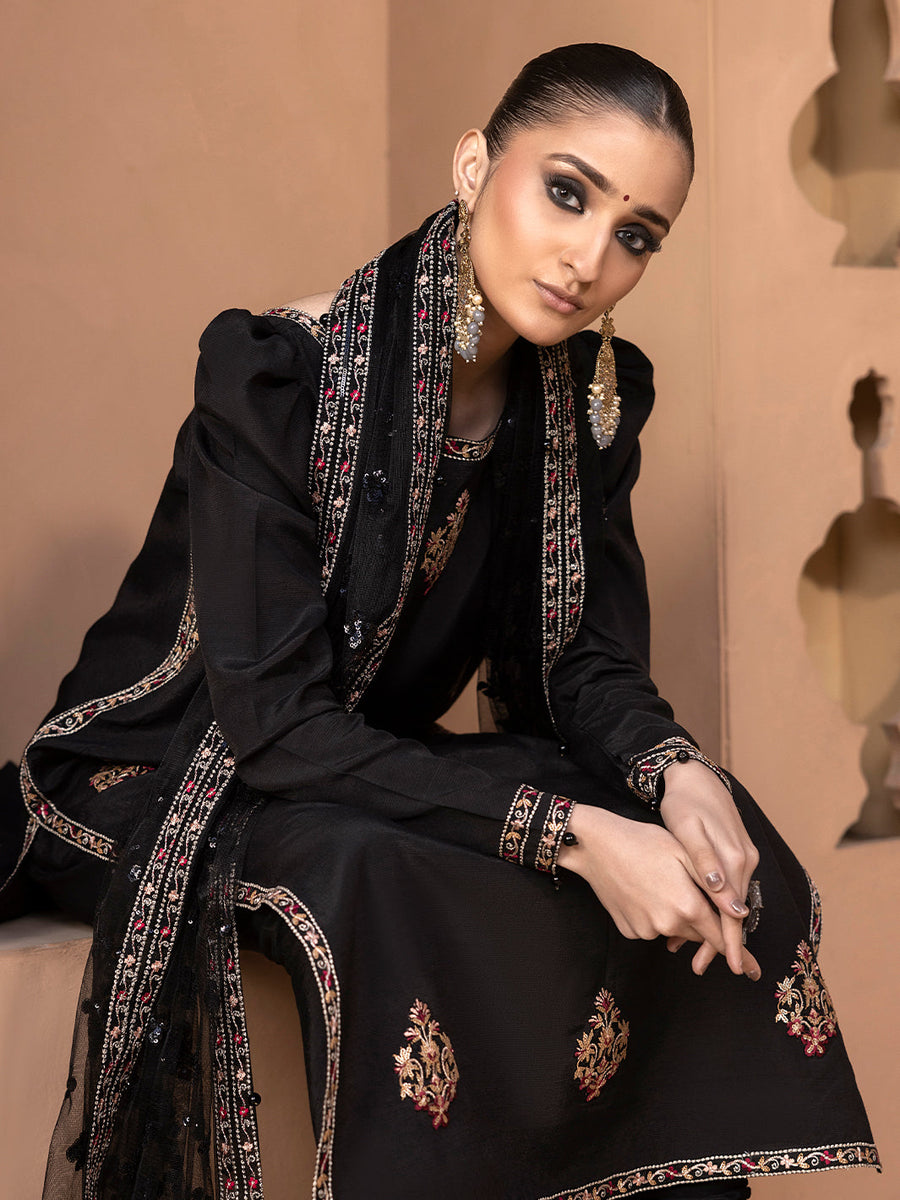 Hemstitch Embroidered Raw Silk Ready to Wear 3Pc Suit - Haya