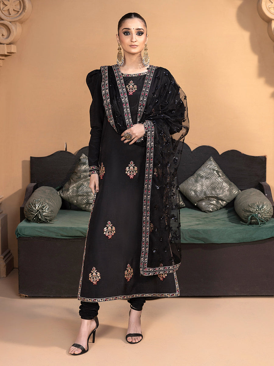 Hemstitch Embroidered Raw Silk Ready to Wear 3Pc Suit - Haya