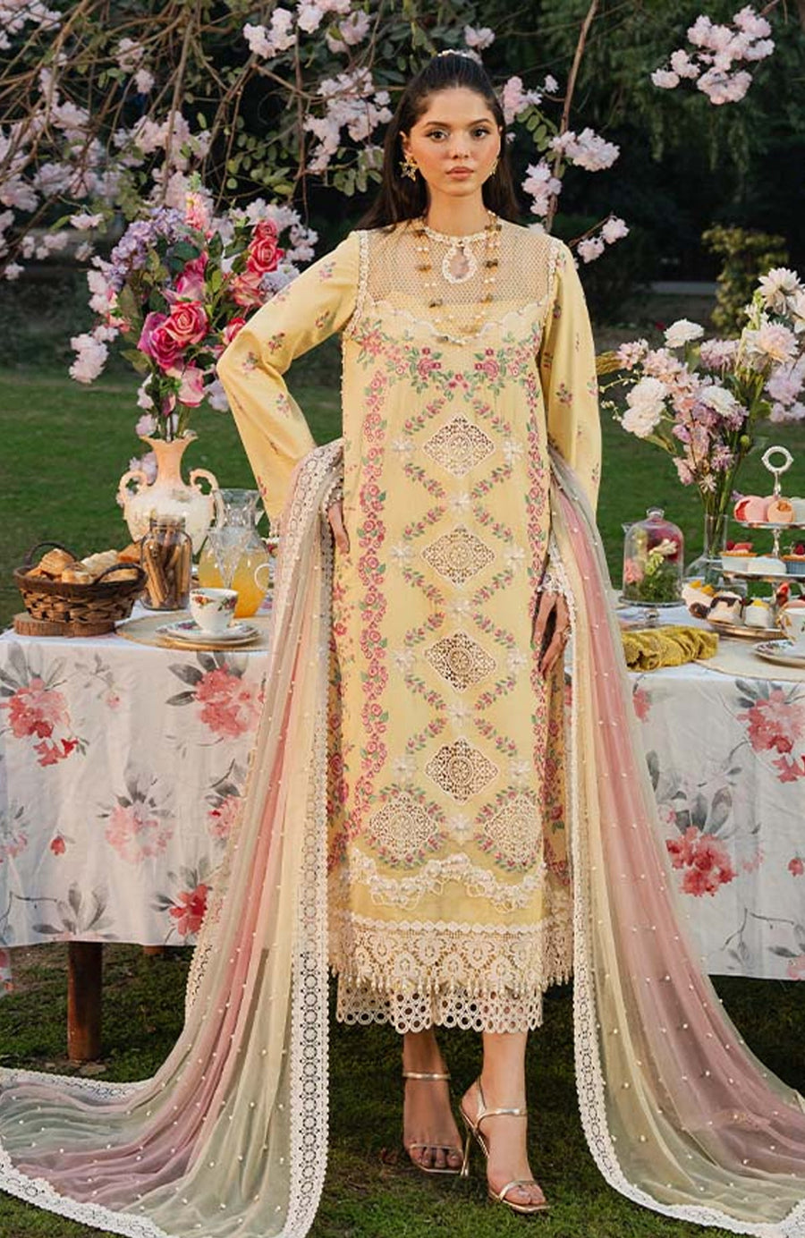 Zevk Flora Festive Embroidered Lawn Unstitched 3Pc Suit - LIME