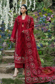 Zevk Flora Festive Embroidered Lawn Unstitched 3Pc Suit - RED ROSE