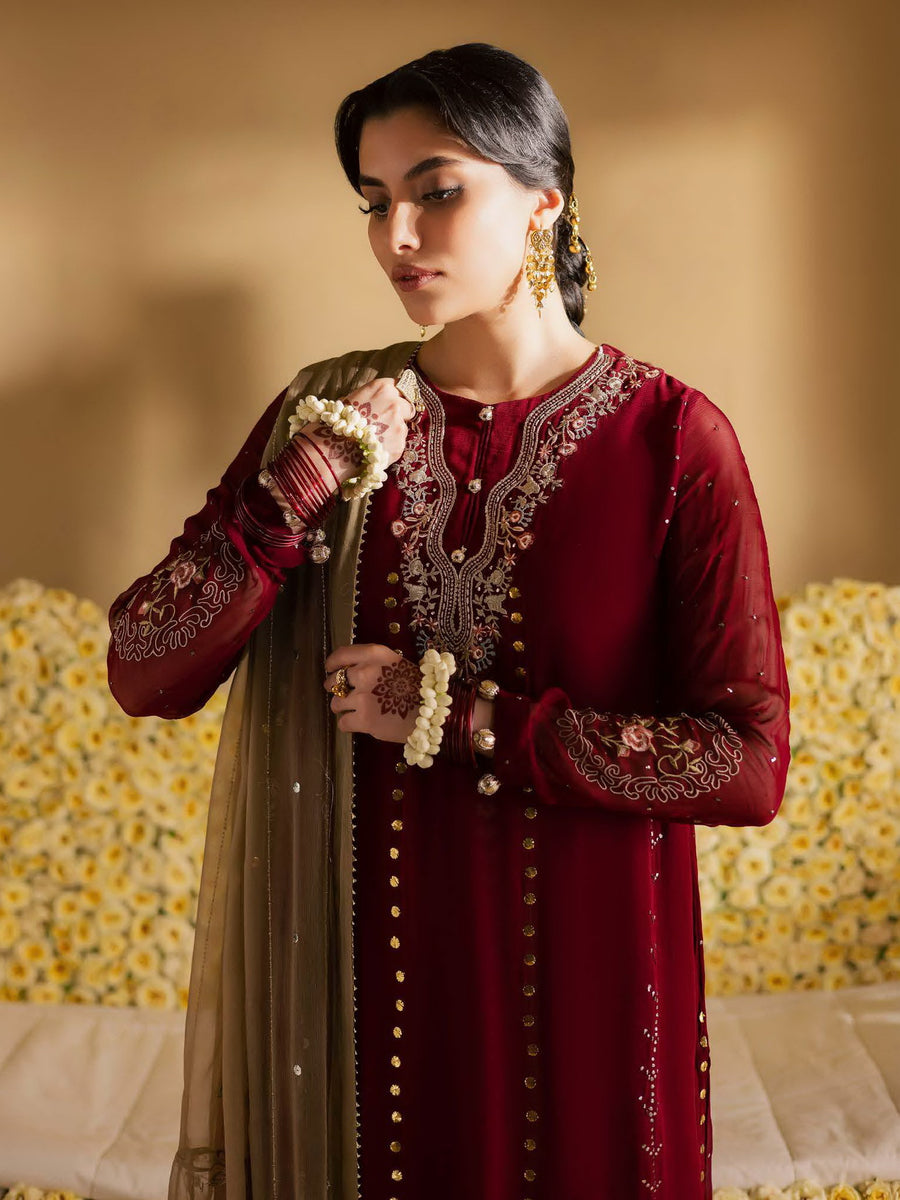 Nureh Mukeshkari Embroidered Mukesh Chiffon Unstitched 3Pc Suit MK-16