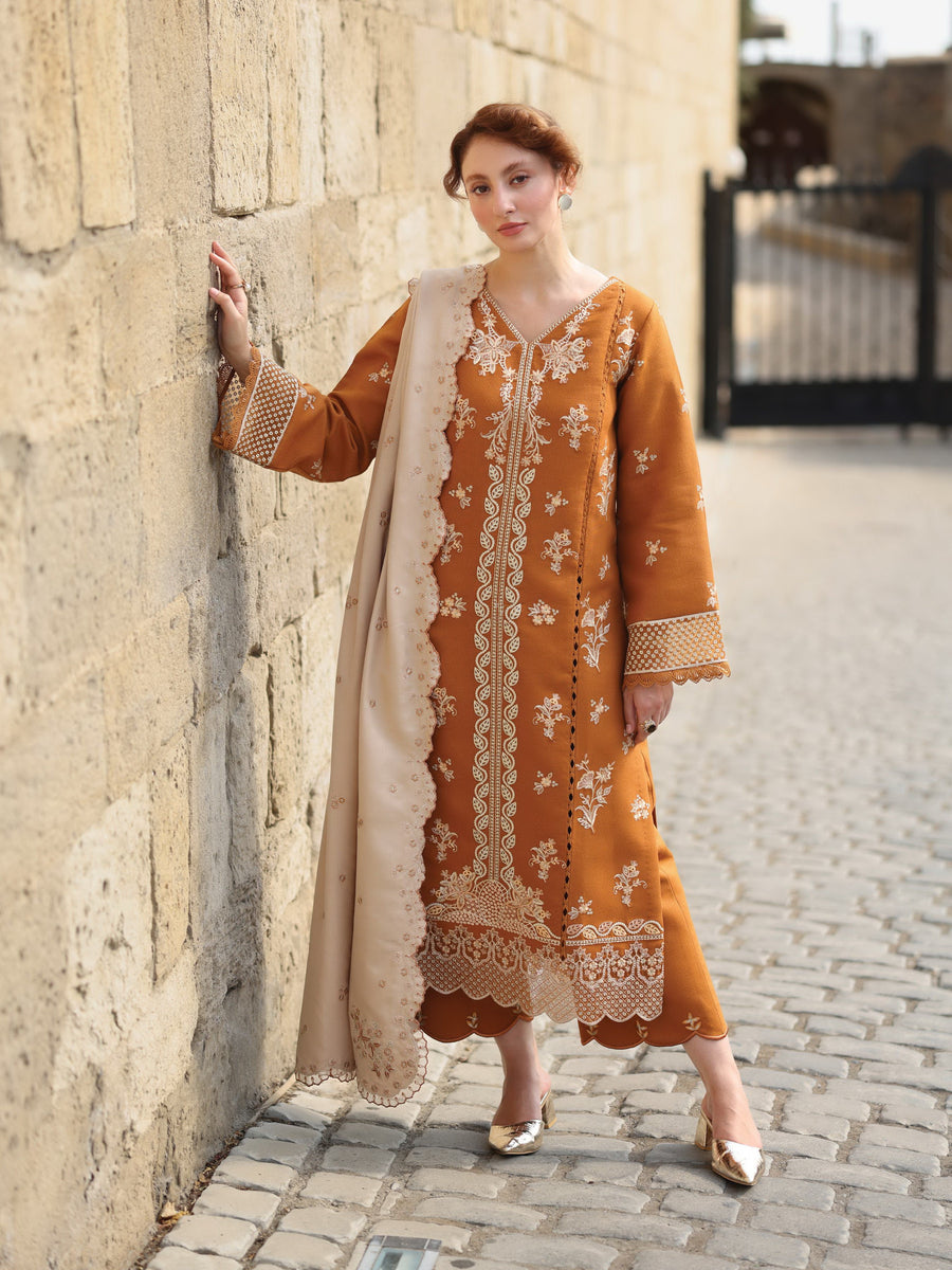 Rang Rasiya Carnation Embroidered Karandi Unstitched 3Pc Suit D-07 Cappucino