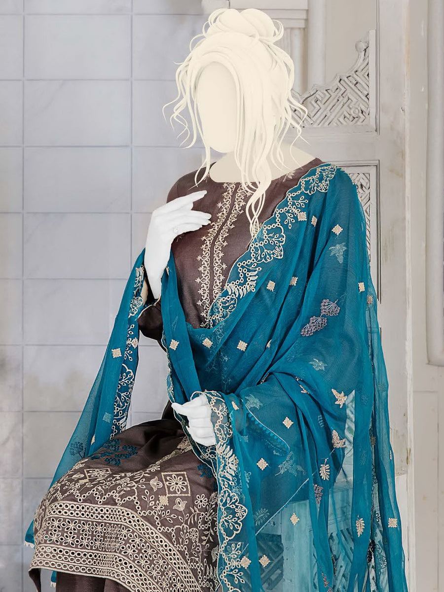 Noir by Humdum Embroidered Slub Linen Unstitched 3Pc Suit D-07