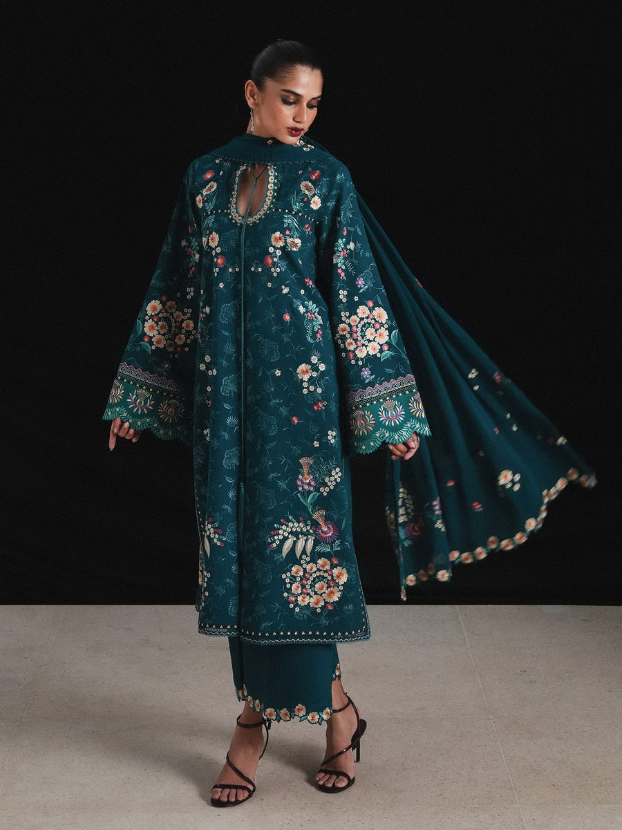 Jugnu Lahore Womenswear Embroidered Karandi Unstitched 3Pc Suit - BAAGH