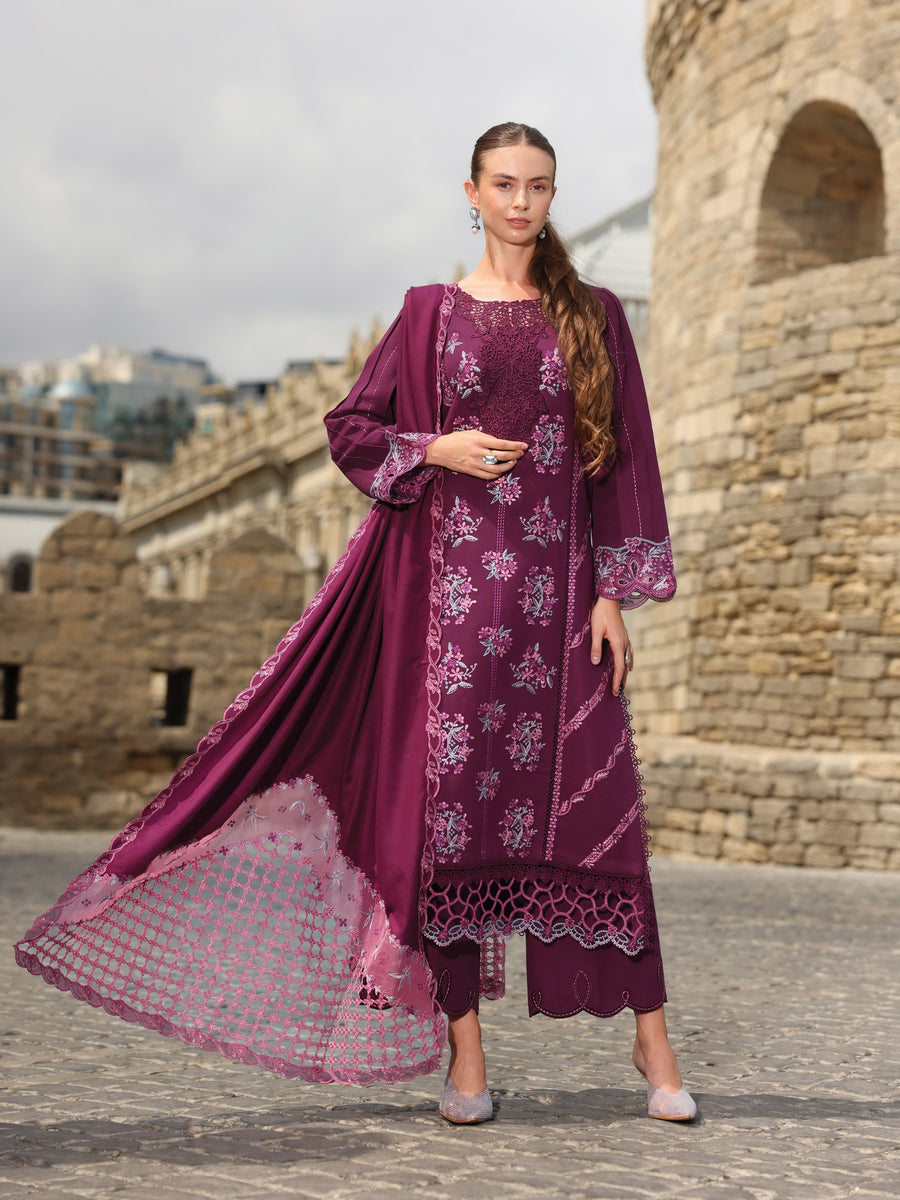 Rang Rasiya Carnation Embroidered Karandi Unstitched 3Pc Suit D-09 Affogato