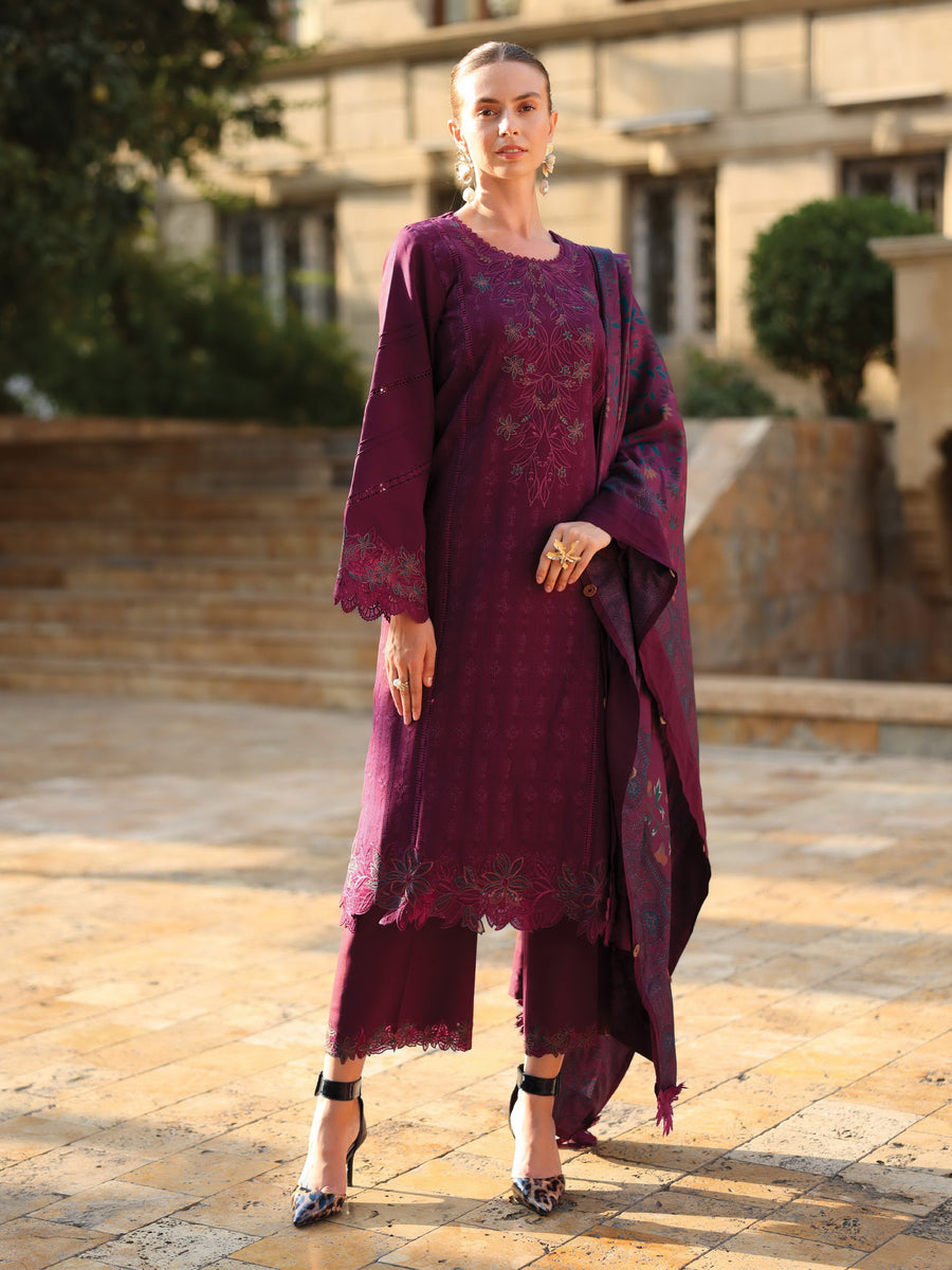 Rang Rasiya Carnation Embroidered Linen Unstitched 3Pc Suit D-11 Espresso