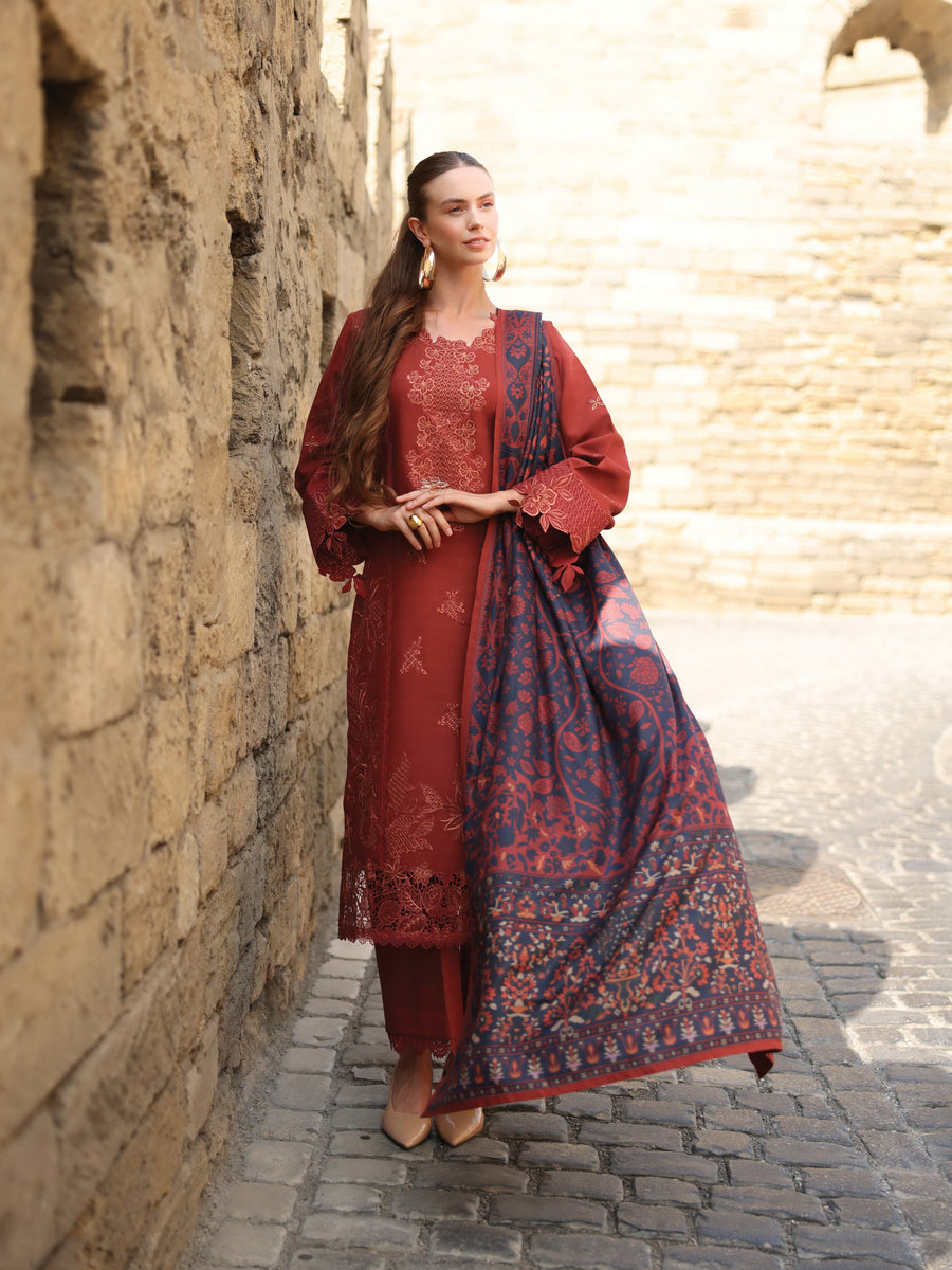 Rang Rasiya Carnation Embroidered Linen Unstitched 3Pc Suit D-14 Crdamom