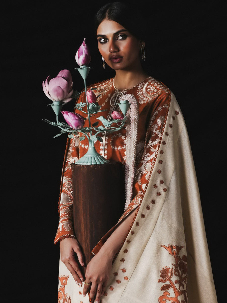 Jugnu Lahore Womenswear Embroidered Karandi Unstitched 3Pc Suit - TAZETTA
