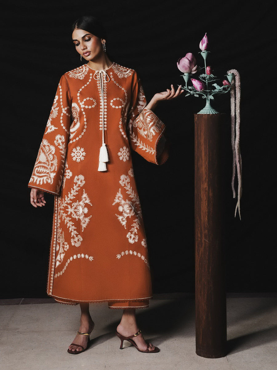 Jugnu Lahore Womenswear Embroidered Karandi Unstitched 3Pc Suit - TAZETTA