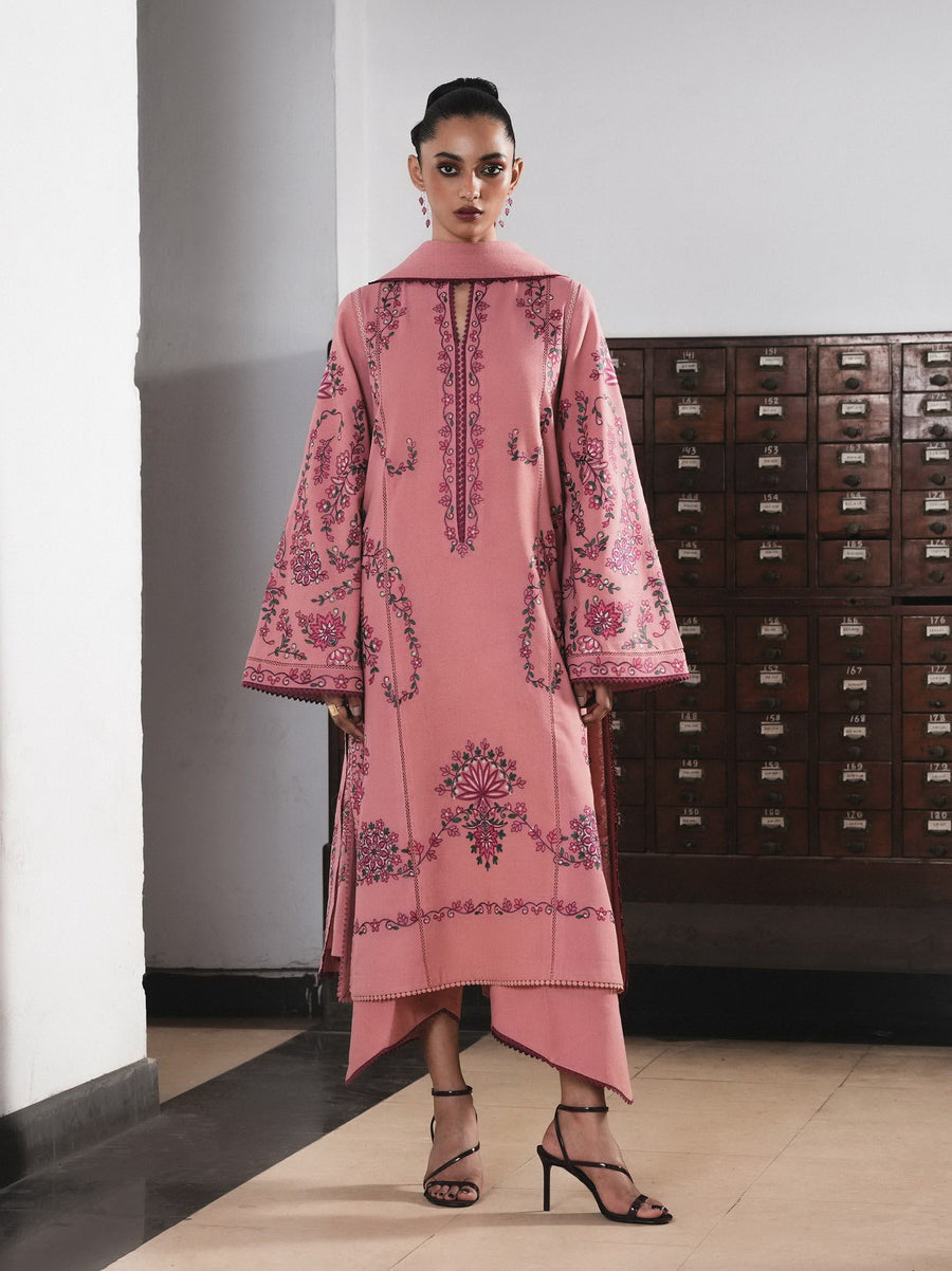 Jugnu Lahore Womenswear Embroidered Karandi Unstitched 3Pc Suit - DAHLIA