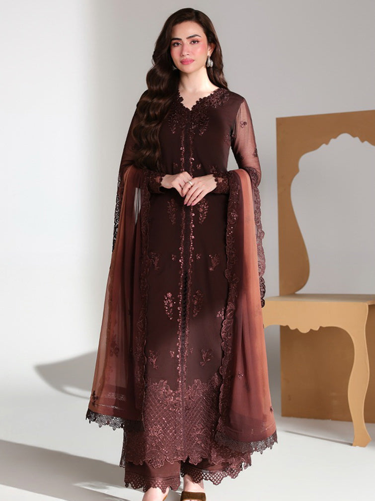 Azure Ensembles Embroidered Chiffon Unstitched 3Pc Suit D-03 MAISON MOCHA