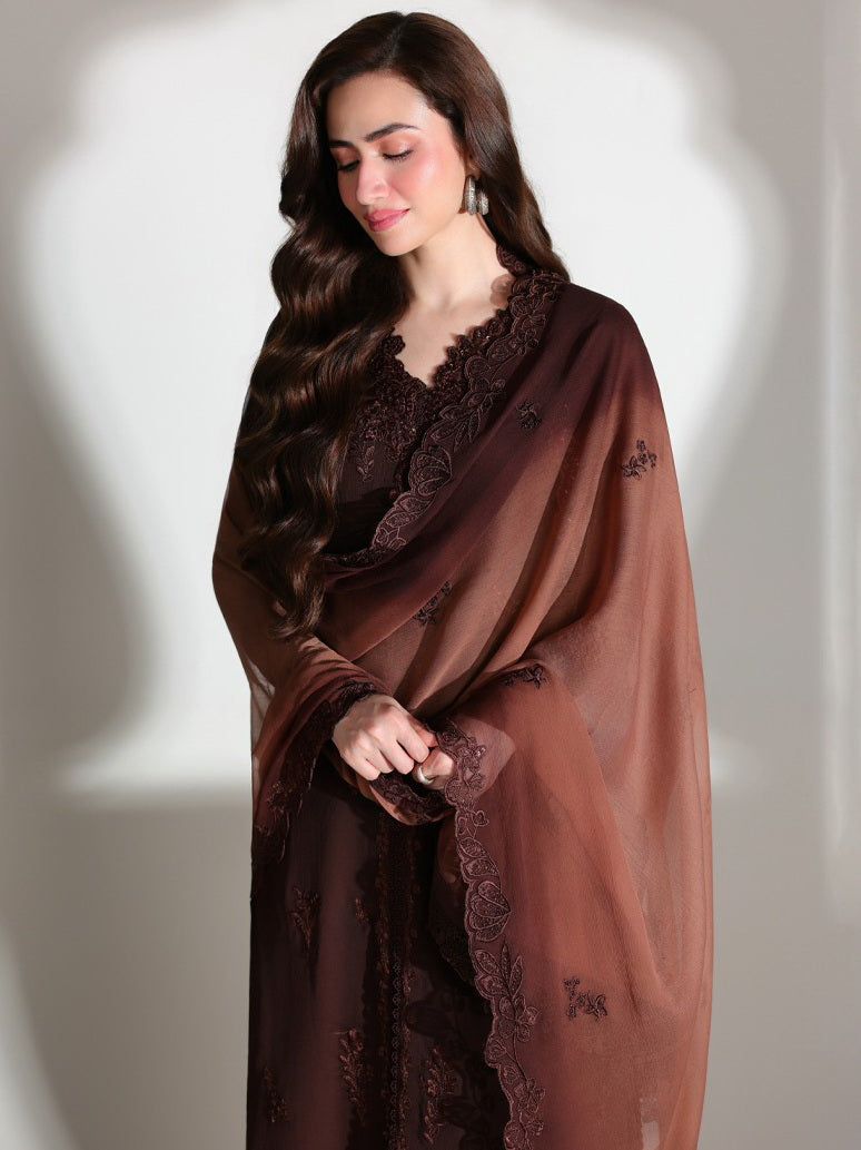 Azure Ensembles Embroidered Chiffon Unstitched 3Pc Suit D-03 MAISON MOCHA