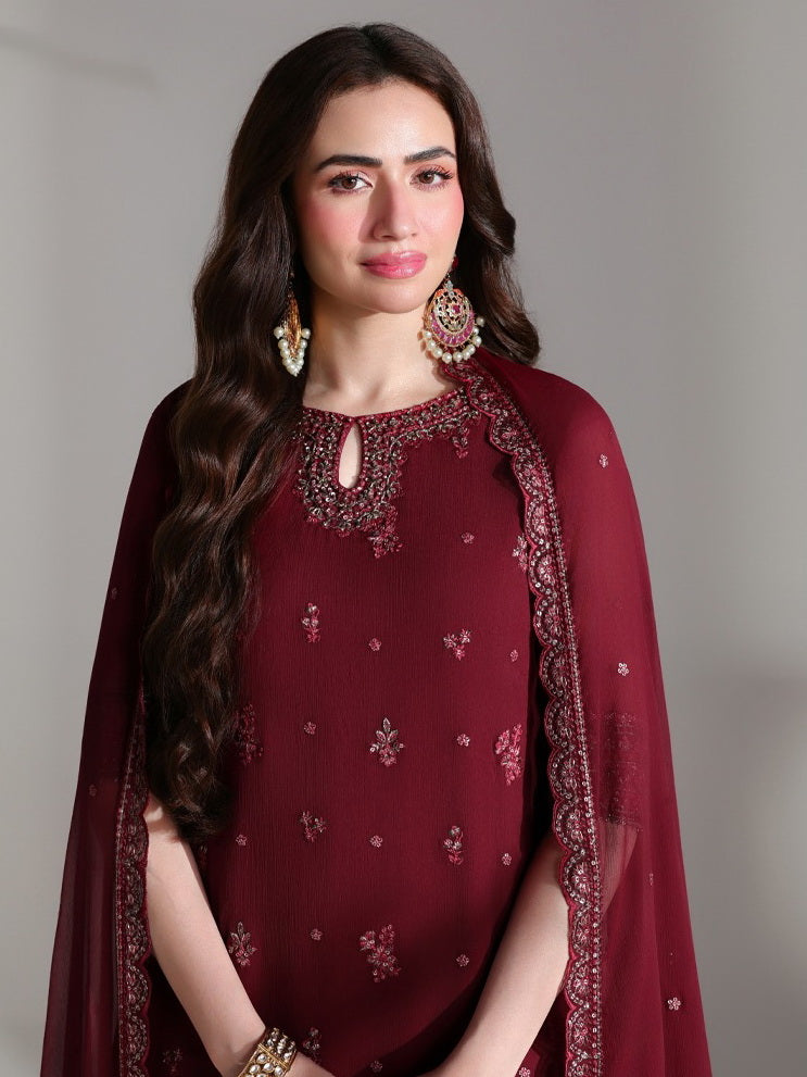 Azure Ensembles Embroidered Chiffon Unstitched 3Pc Suit D-05 RUBY ROGUE