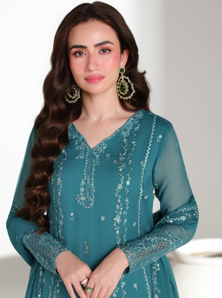 Azure Ensembles Embroidered Chiffon Unstitched 3Pc Suit D-10 TEAL AFFAIR