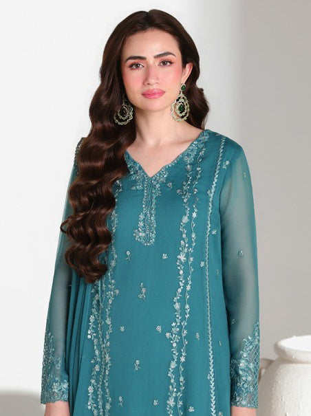 Azure Ensembles Embroidered Chiffon Unstitched 3Pc Suit D-10 TEAL AFFAIR